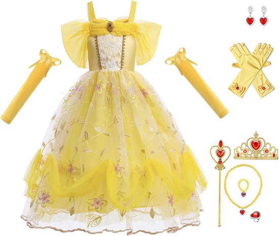 Prinsessenjurk meisje - Luxe verkleedjurk - Prinses - Het Betere Merk - Sprookjesboek - Kroon - Toverstaf - Handschoenen - maat 146/152(150) - carnavalskleding - cadeau meisje - verkleedkleren - kleed