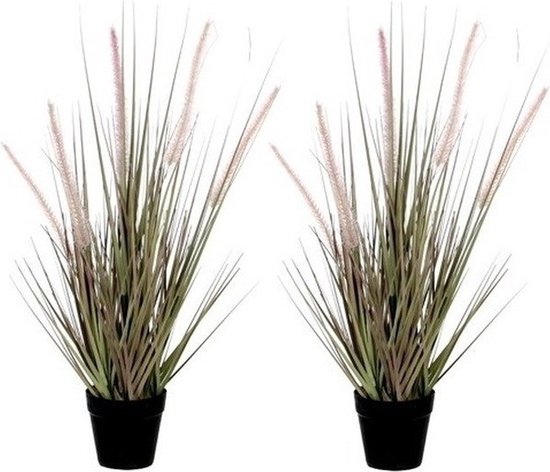 2x Groene Dogtail/siergras kunstplant 53 cm in zwarte pot - Kunstplanten/nepplanten