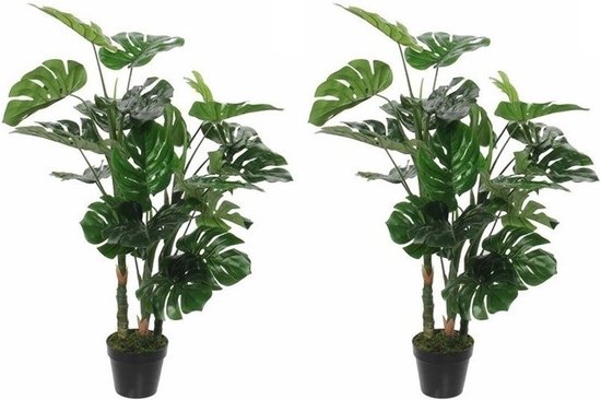 2x Groene Monstera/gatenplant kunstplant 100 cm in zwarte pot - Kunstplanten/nepplanten