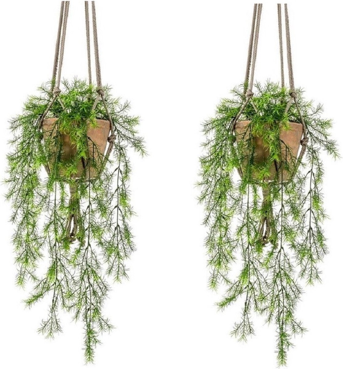 Bellatio Flowers & Plants 2x Kunstplant hangplant varens in oude terracotta potten van 16 cm - Kunstplanten/nepplanten Groen