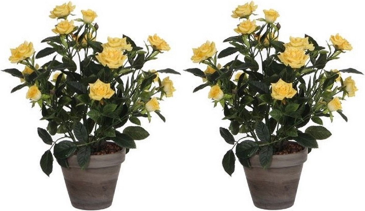 Mica Decorations Kunstplant - 2x - rozen - geel - grijze pot - 33 cm - kunst roos