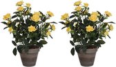 Mica Decorations Kunstplant - 2x - rozen - geel - grijze pot - 33 cm - kunst roos