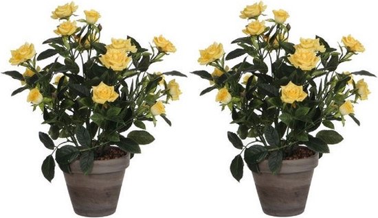 2x Gele rozen kunstplant 33 cm in pot stan grey - Kunstplanten/nepplanten