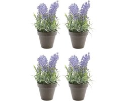 Bellatio Kunstplant - 4x stuks - lavendel - paars - 17 cm - in pot - lavandula- Kunstplanten/nepplanten