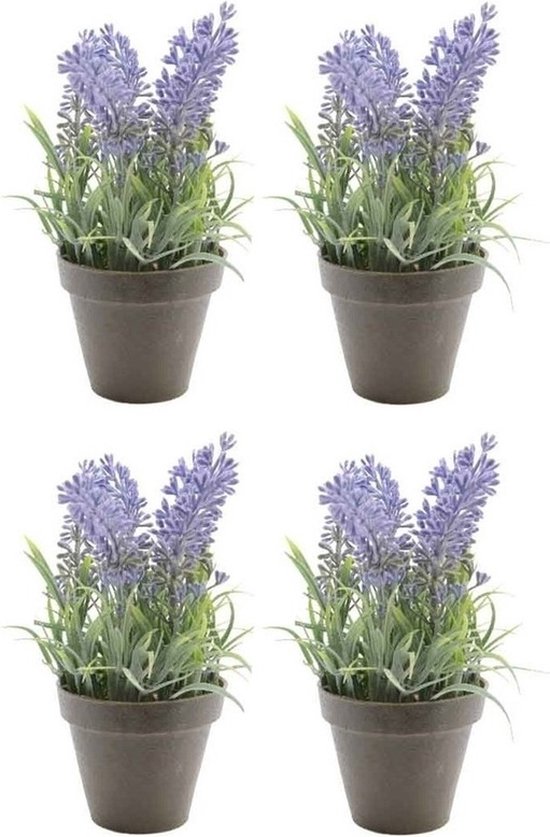 4x Groene/paarse Lavandula/lavendel kunstplanten 17 cm in zwarte plastic pot - Kunstplanten/nepplanten