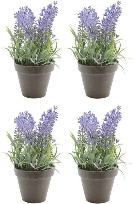 Bellatio Kunstplant - 4x stuks - lavendel - paars - 17 cm - in pot - lavandula- Kunstplanten/nepplanten