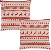 HAES DECO - Set van 2 Sierkussenhoezen - formaat 40x40 cm - kleuren Rood / Beige - van 100% Katoen - Collectie: Nordic Christmas - Kerst Sierkussen, Kussenhoes, Stoelkussen
