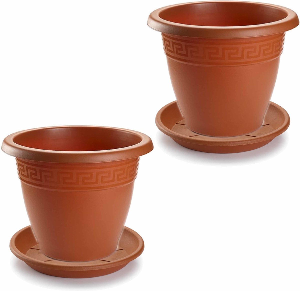 2x stuks bloempotten met onder opvangschaal in terra cotta kleur - rond diameter 40 cm - Plantenpotten/bakken