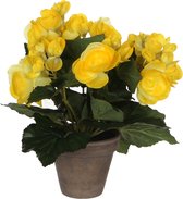 Gele Begonia kunstplant met bloemen 25 cm in grijze pot - Kunstplanten/nepplanten - Voor binnen