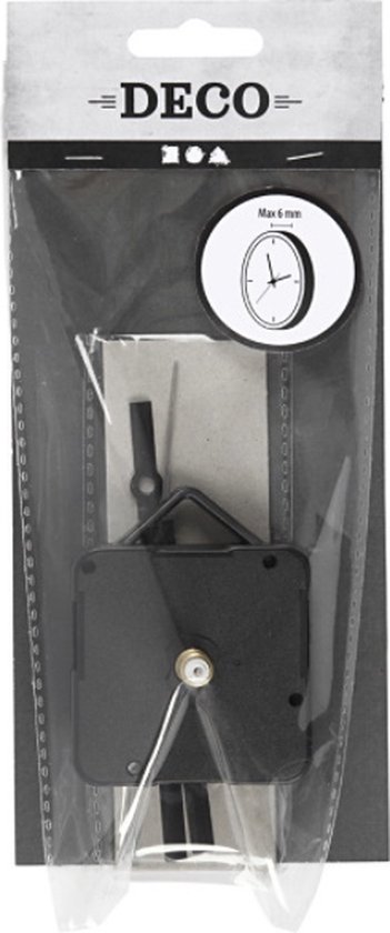 Zwart klokmechanisme in verpakking met illustratie van klok, max. 6mm.