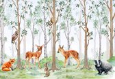 Fotobehang - Vlies Behang - Bosdieren in het Bos - Kinderbehang - 416 x 254 cm