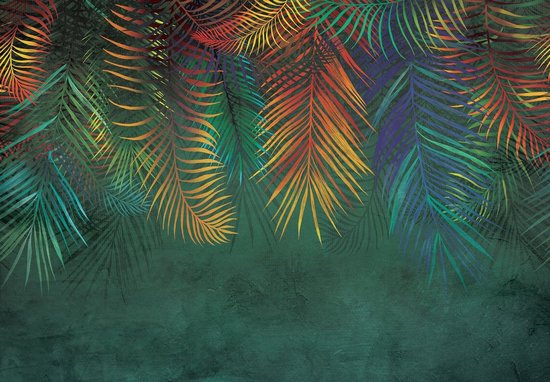 Fotobehang - Vinyl Behang - Kleurrijke Botanische Jungle Bladeren op Groene Achtergrond - 254 x 184 cm