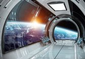Fotobehang - Vlies Behang - Ruimteschip in de ruimte met uitzicht op planeet Aarde - Ruimtevaartuig - Heelal - Universum - 416 x 254 cm