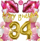Snoes Mega Beauty Helium Ballonnen Set 34 Jaar - Roze Helium Folieballonnen - Slinger Happy Birthday Goud