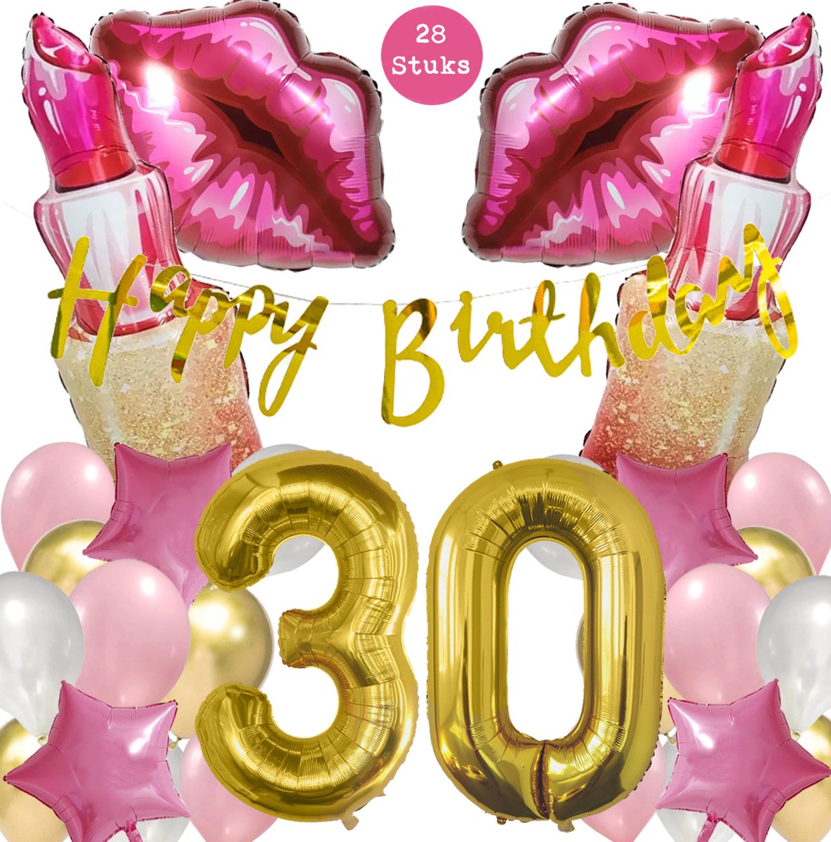 Snoes Mega Beauty Helium Ballonnen Set 30 Jaar - Roze Helium Folieballonnen - Slinger Happy Birthday Goud