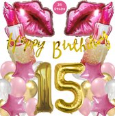 Snoes Mega Beauty Helium Ballonnen Set 15 Jaar - Roze Helium Folieballonnen - Slinger Happy Birthday Goud