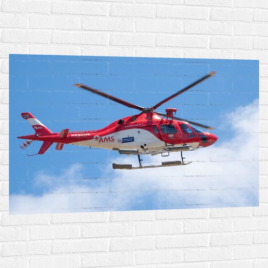 Muursticker - Rood met Witte Helkikopter Vliegend bij de Wolken - 120x80 cm Foto op Muursticker