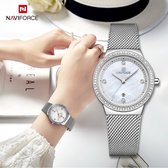 NAVIFORCE horloge met zilveren metalen polsband, witte wijzerplaat en zilveren horlogekast voor dames met stijl ( model 5005 SW )