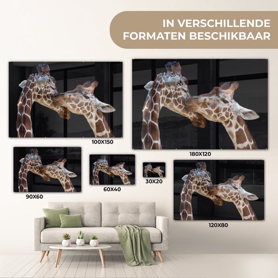Glasschilderij - Giraffe - Dieren - Zwart - Portret - Glazen plaat - Schilderij glas - Wanddecoratie - 90x60 cm - Foto op glas
