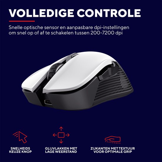 Witte gaming muis met zwarte zijgrip. "Volledige controle" met icoontjes.