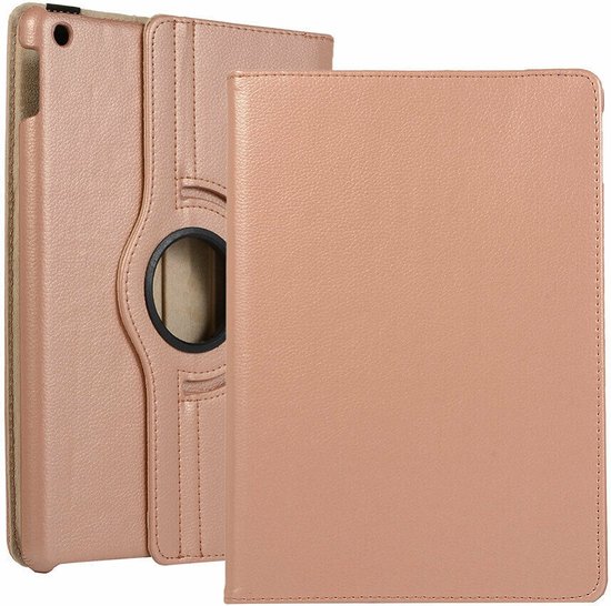 Étui pour tablette rose doré, ouvert avec un anneau rotatif pour la caméra. L'étui est un portefeuille avec des coutures.