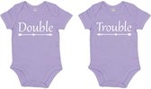 Baby Romper set Double Trouble 12-18 maand - Paars - Rompertjes baby met tekst - Rompertjes voor tweeling
