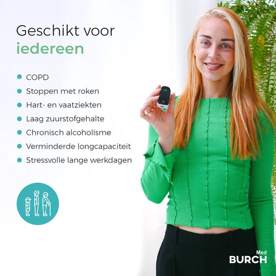 Vrouw met pulsoximeter, met tekst over toepassingen zoals COPD en roken.