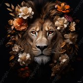 JJ-Art (Canvas) 60x60 | Leeuw met bloemen, geschilderde stijl, kunst, woonkamer slaapkamer | dier, Afrika, vierkant, bruin, rood, oranje, modern | Foto-Schilderij print (wanddecoratie)