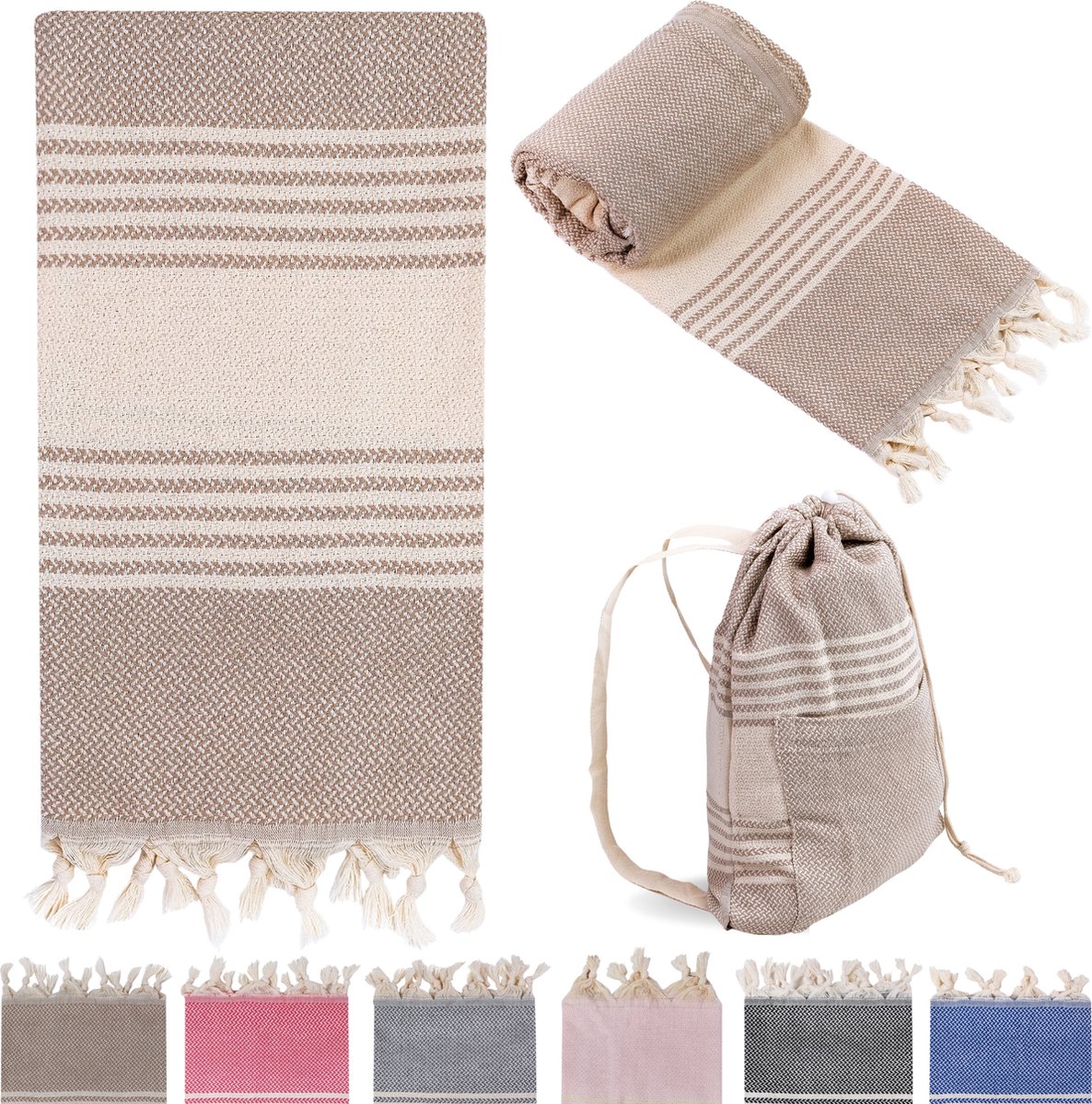 Combi Hamamdoek met Strandtas Beige Strandlaken %100 Katoen XL 100x180cm Reishanddoek Beachbag Grote Tas Schoudertas Zwemtas Badlaken Groot Douchelaken Pestemal Fouta Pareo Yoga