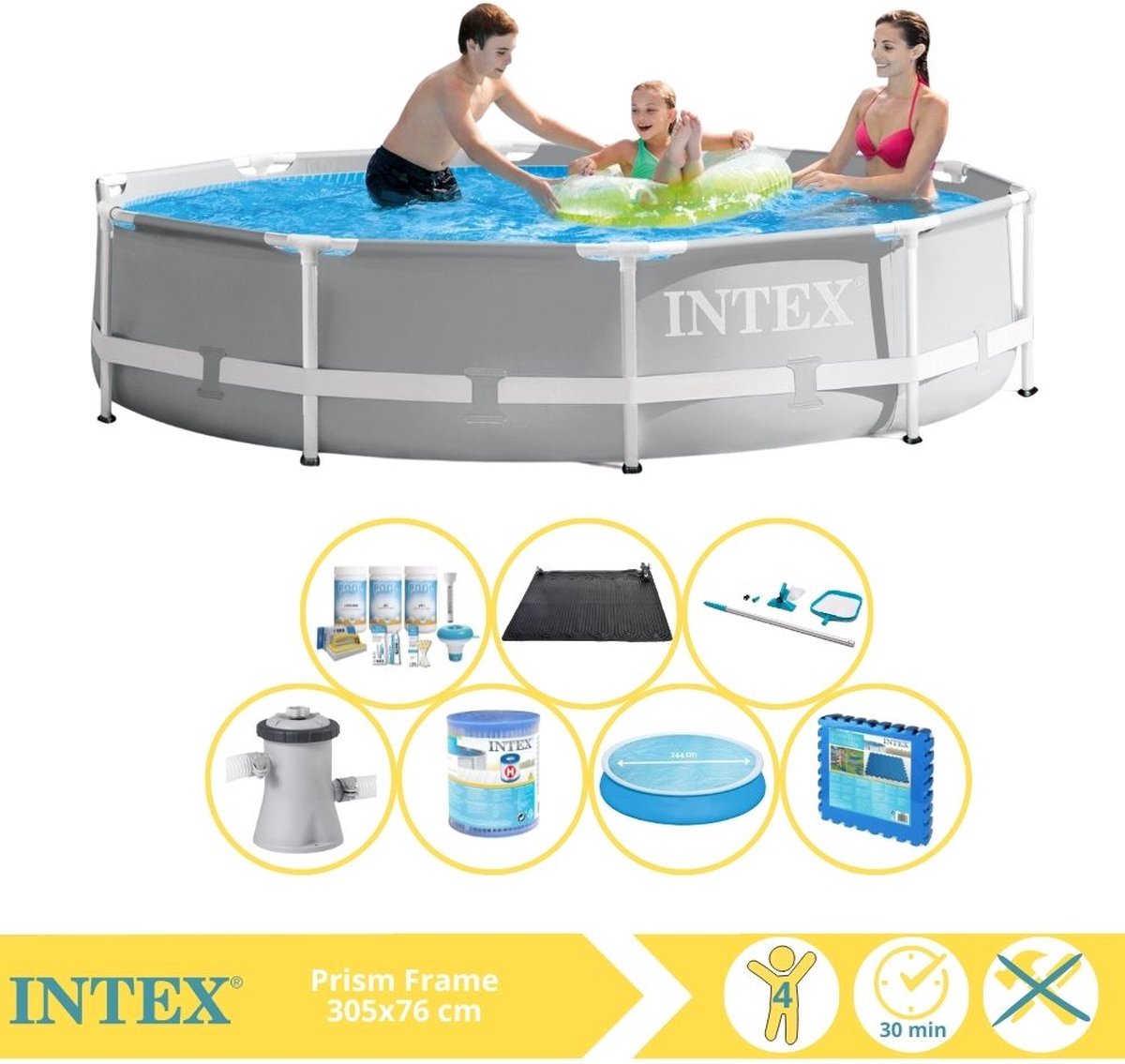 Intex Prism Frame Zwembad – Opzetzwembad – 305×76 cm – Inclusief Solarzeil, Onderhoudspakket, Filter, Onderhoudsset, Solar Mat en Zwembadtegels