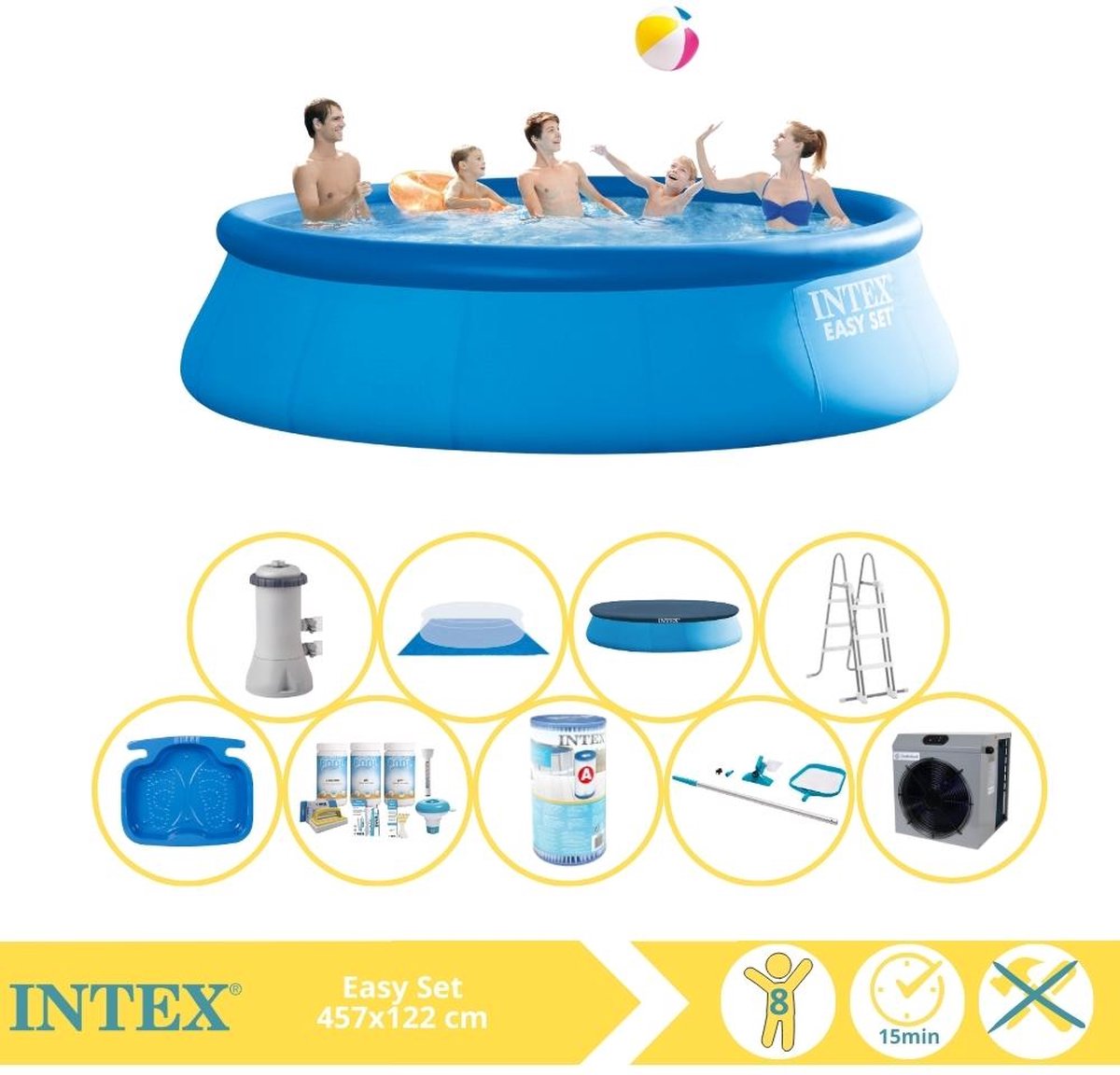 Intex Easy Set Zwembad - Opblaaszwembad - 457x122 cm - Inclusief Onderhoudspakket, Filter, Onderhoudsset, Voetenbad en Warmtepomp CP