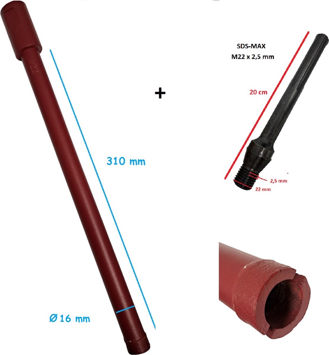 Diamantboor + SDS-Max adapter - Diamant boor dia Ø 16mm x 310mm voor nat en droog boorwerk - M22 x 2,5mm