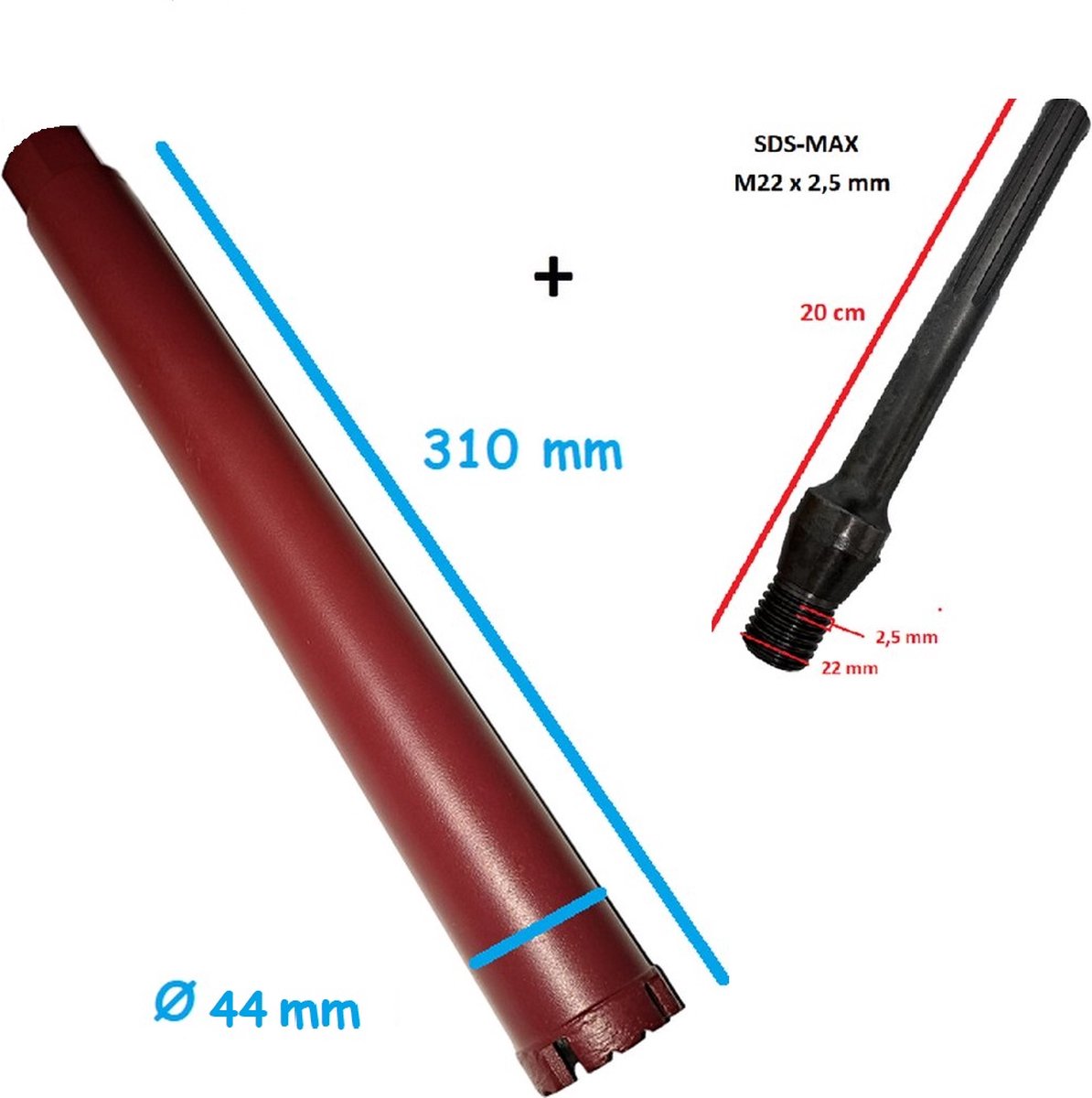 Diamantboor + SDS-Max adapter - Diamant boor dia Ø 44mm x 310mm voor nat en droog boorwerk - M22 x 2,5mm