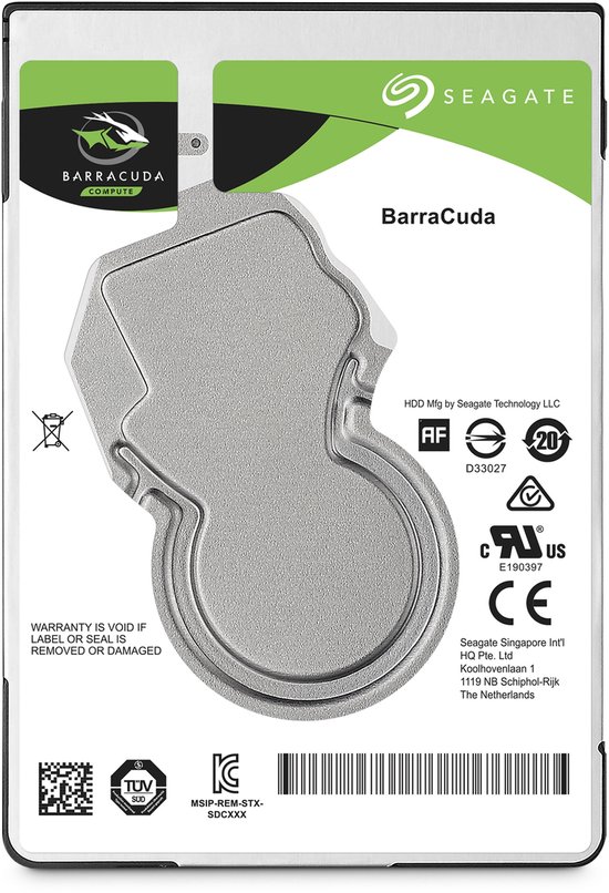 Zilverkleurige interne harde schijf met Seagate en Barracuda logo's. Labels met specificaties en certificeringen.