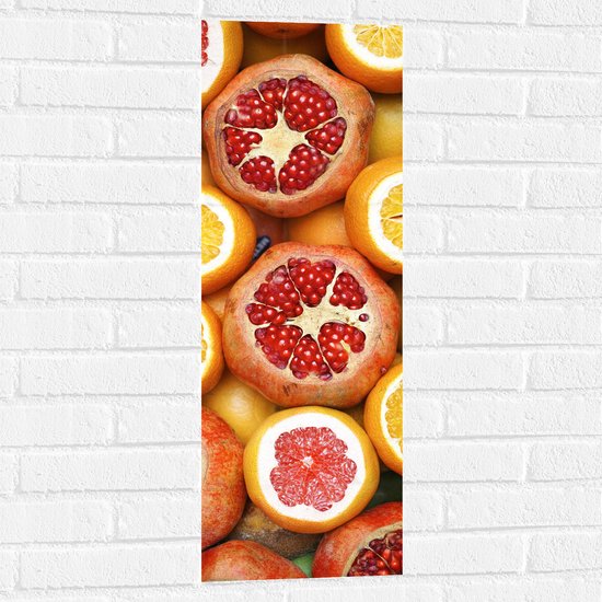 Muursticker - Achtergrond van Bloedsinasappels, Sinaasppels en granaatappel - 30x90 cm Foto op Muursticker