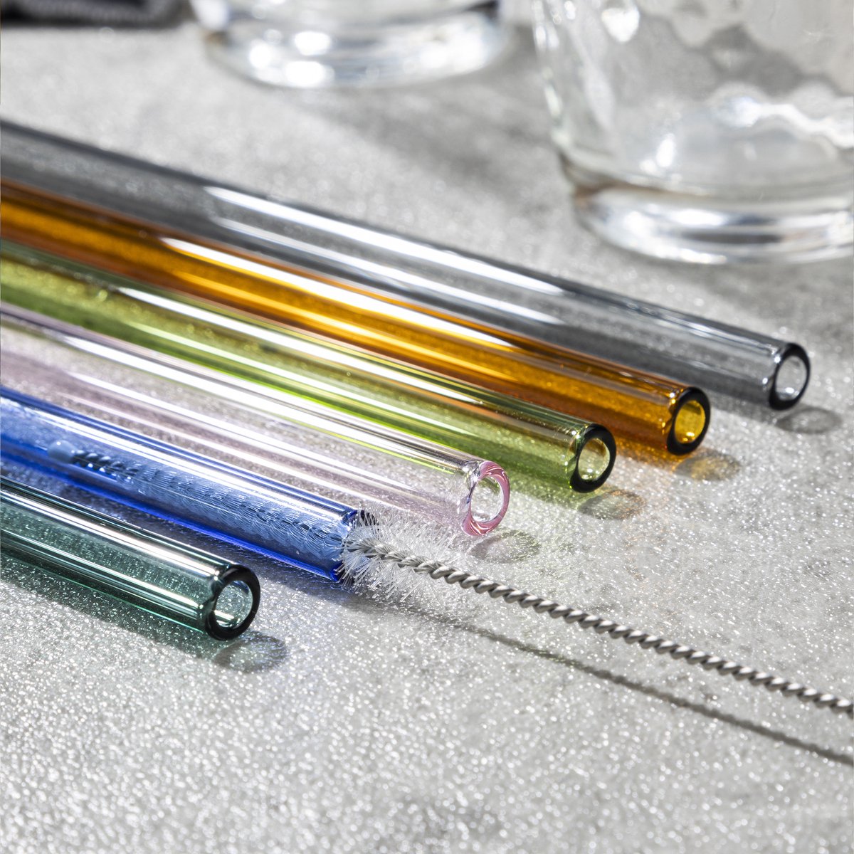 HI rietjes recht - set 12x - glas - met rager - gekleurd - 23 cm