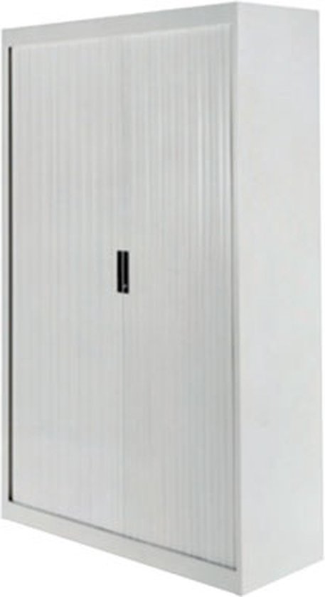 Witte archiefkast van 120cm breed met een roldeur en zwarte handgreep.