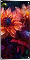 Tuinposter – Boeket van Oranje en Paarse Bloemen - 50x100 cm Foto op Tuinposter (wanddecoratie voor buiten en binnen)