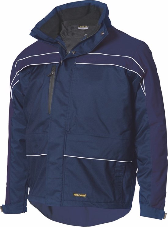 Donkerblauwe Tricorp werkparka met witte biezen op borst, schouders en mouwen. Met ritsvak.