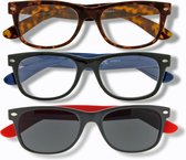 Noci Eyewear set van 3 (zonne)leesbrillen Wayefarer - sterkte +1.50 - 1 x tortoise - 1 x zwart/navy - 1 x zonneleesbril zwart/rood