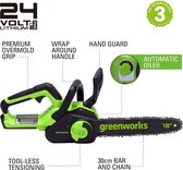 Tronçonneuse rechargeable GreenWorks GD24CS30K2, 24V, 30cm, avec batterie 2 Ah et chargeur