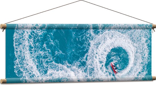 Textielposter - Bovenaanzicht van Stuntende Jetski's op Golven van de Zee - 90x30 cm Foto op Textiel