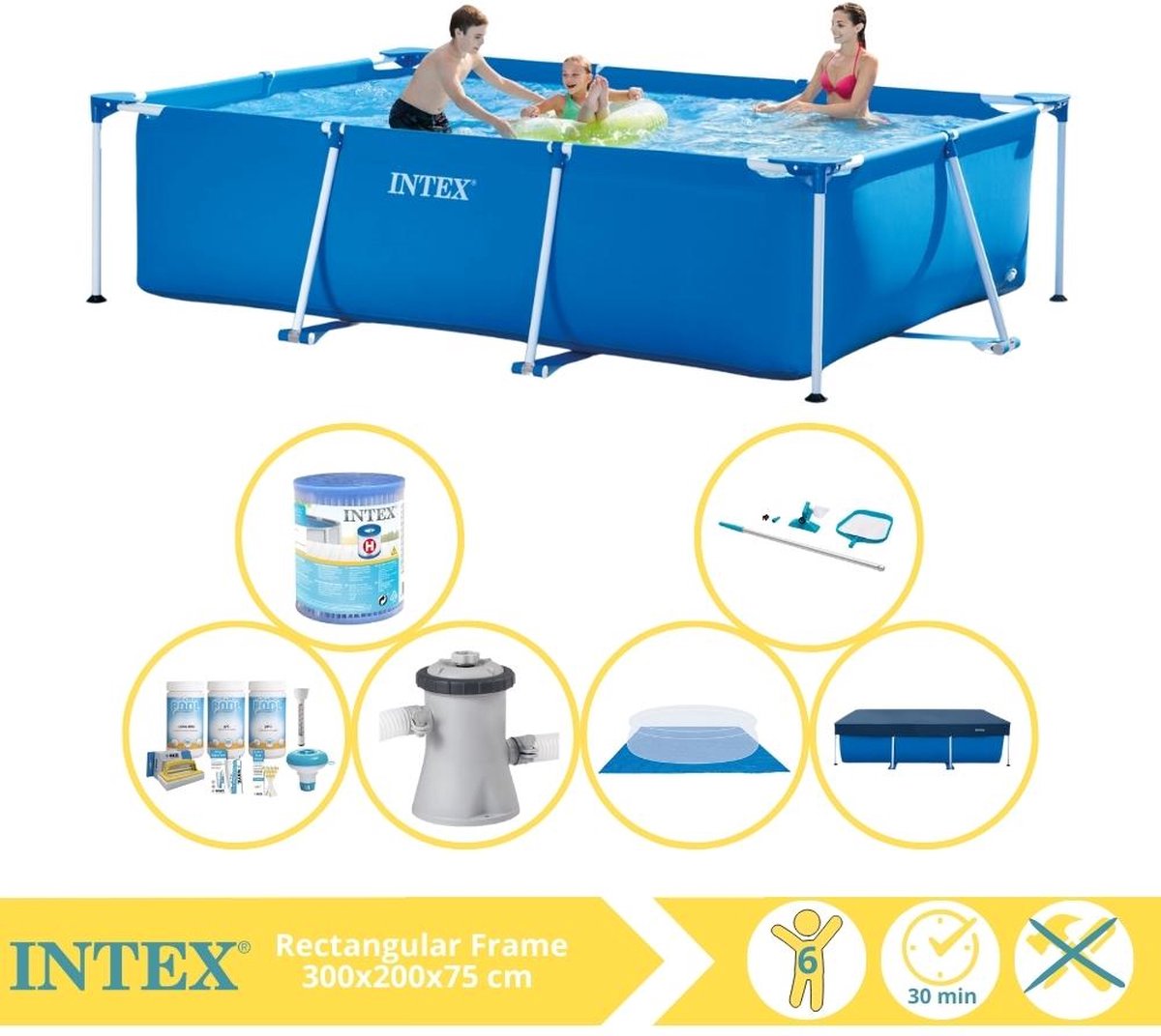 Intex Rectangular Frame Zwembad – Opzetzwembad – 300x200x75 cm – Inclusief Afdekzeil, Onderhoudspakket, Zwembadpomp, Filter, Grondzeil en Onderhoudsset