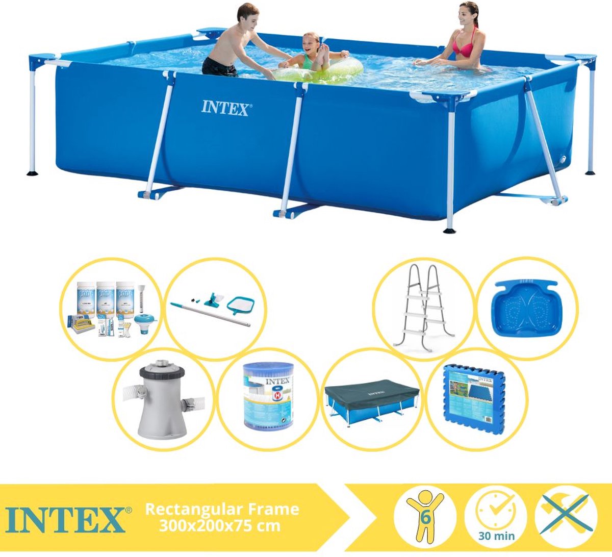 Intex Rectangular Frame Zwembad – Opzetzwembad – 300x200x75 cm – Inclusief Afdekzeil, Onderhoudspakket, Zwembadpomp, Filter, Onderhoudsset, Trap, Voetenbad en Zwembadtegels