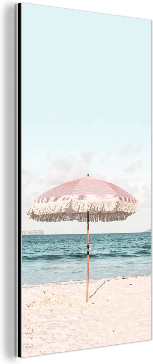 Wanddecoratie Metaal - Aluminium Schilderij Industrieel - Parasol - Strand - Zee - Wolken