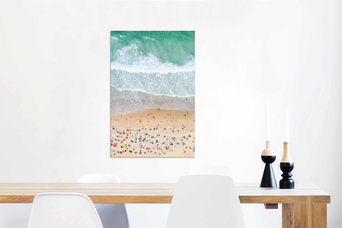 Wanddecoratie Metaal - Aluminium Schilderij Industrieel - Zee - Strand - Parasols - Water