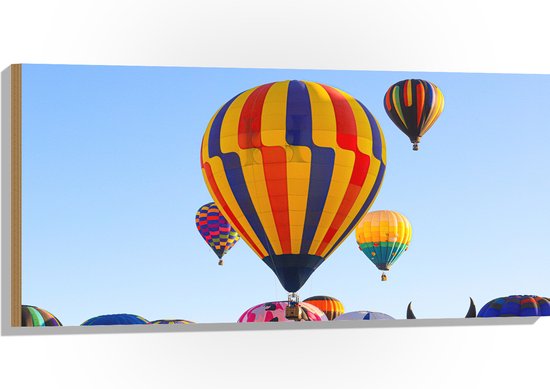 Hout - Zee van Kleurrijke Luchtballonnen - 100x50 cm - 9 mm dik - Foto op Hout (Met Ophangsysteem)