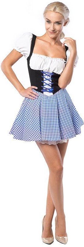 Model met blond haar in een blauw-wit geruite dirndl met witte pofmouwtjes.