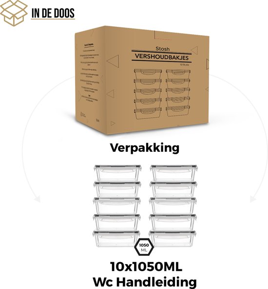 Doos met 10 transparante 1050ml vershoudbakjes met grijze deksels.
