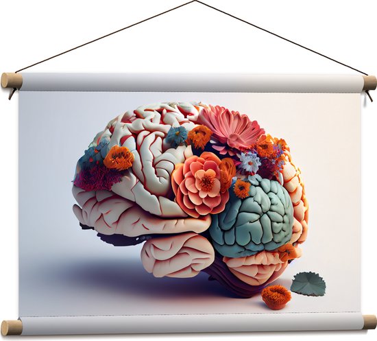 Textielposter - Hersenen Versierd met Bloemen tegen Beige Achtergrond - 60x40 cm Foto op Textiel